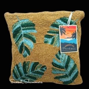 PACIFIC Paradise GOLD Green Teal Aqua Beaded Palm Leaf Tropical Throw Pillow New